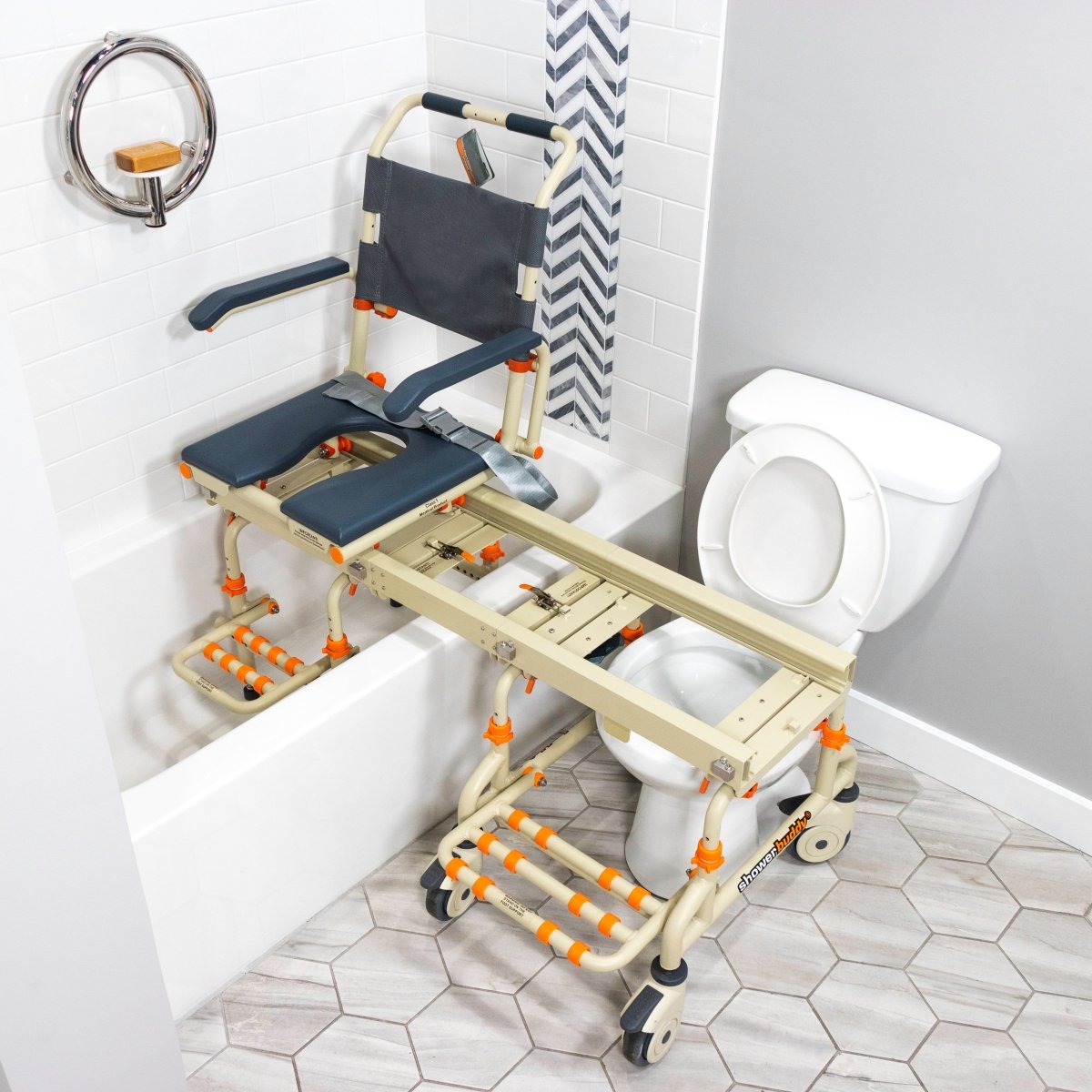 Over-bath shower chair with dark blue seat and backrest on rolling base for transfers