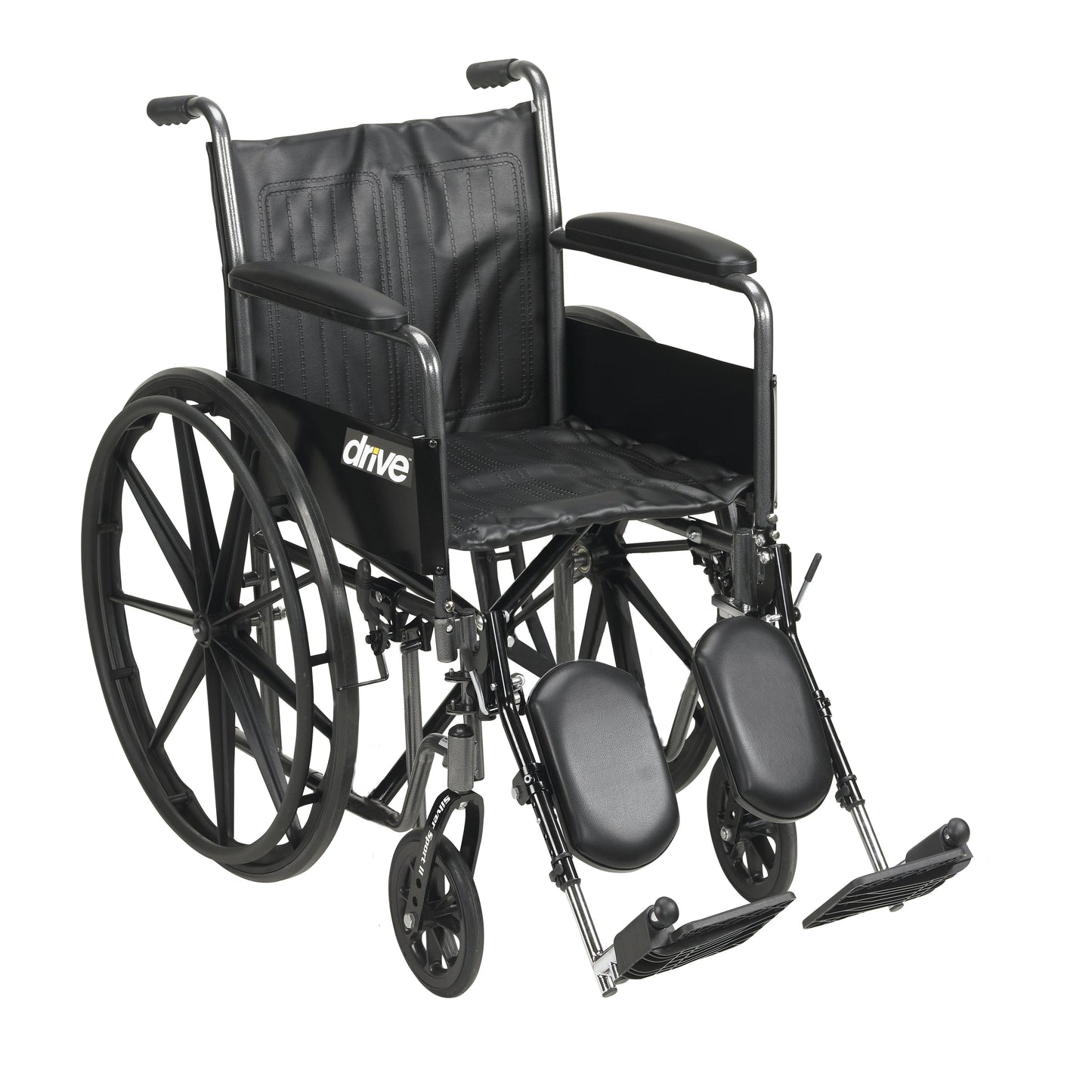 Wheelchair with padded full arms, black seat/back, and elevating leg rests.