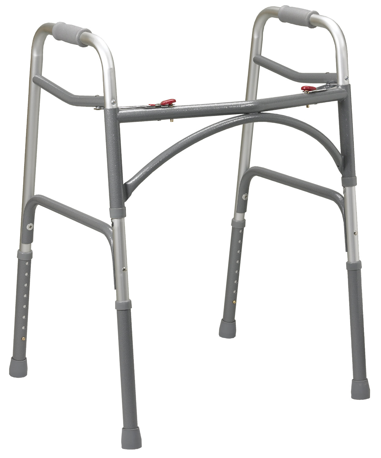 Heavy duty bariatric walker with grey metal frame, arched hand grips, and red safety buttons