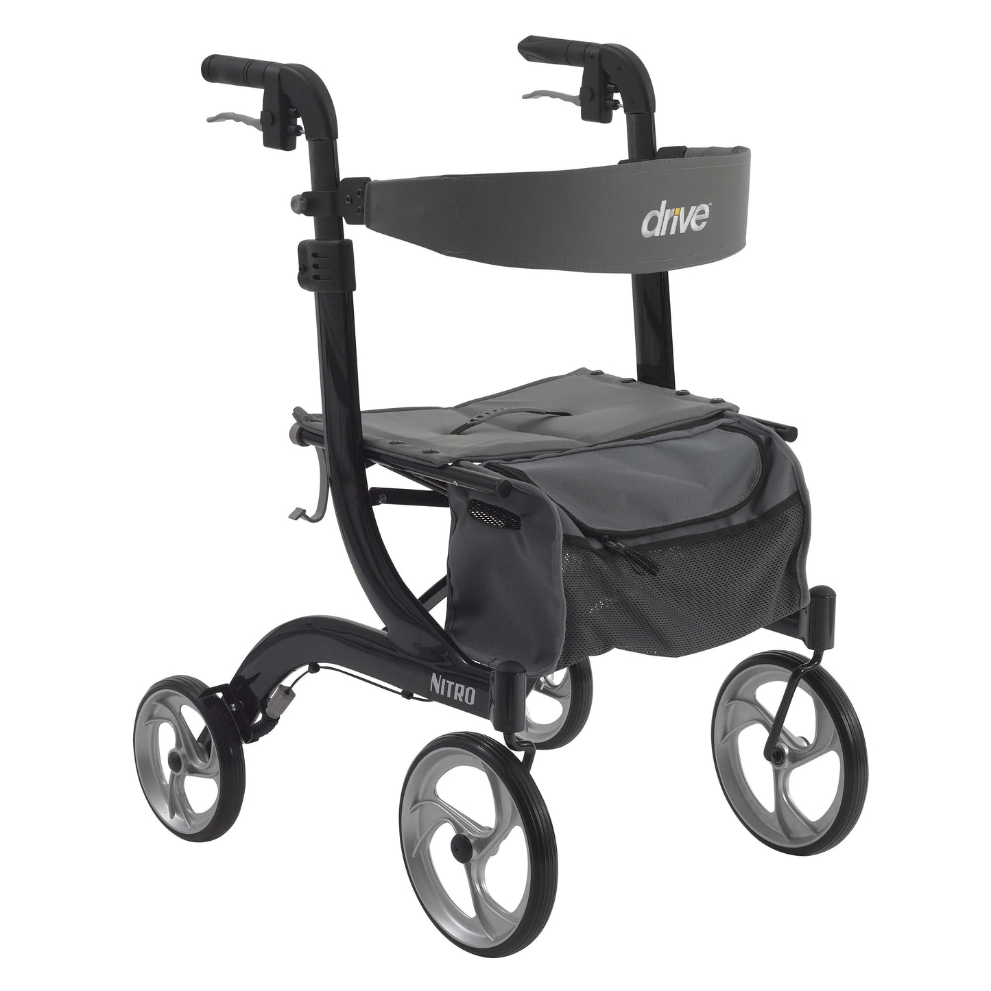 Black rollator rolling walker with padded seat, storage pouch, and four wheels