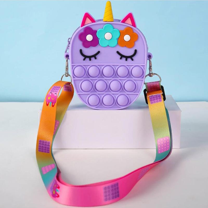 Purple unicorn fidget pop crossbody bag with flower hair and rainbow strap