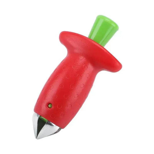 Red and green tool with a metallic point on a white background