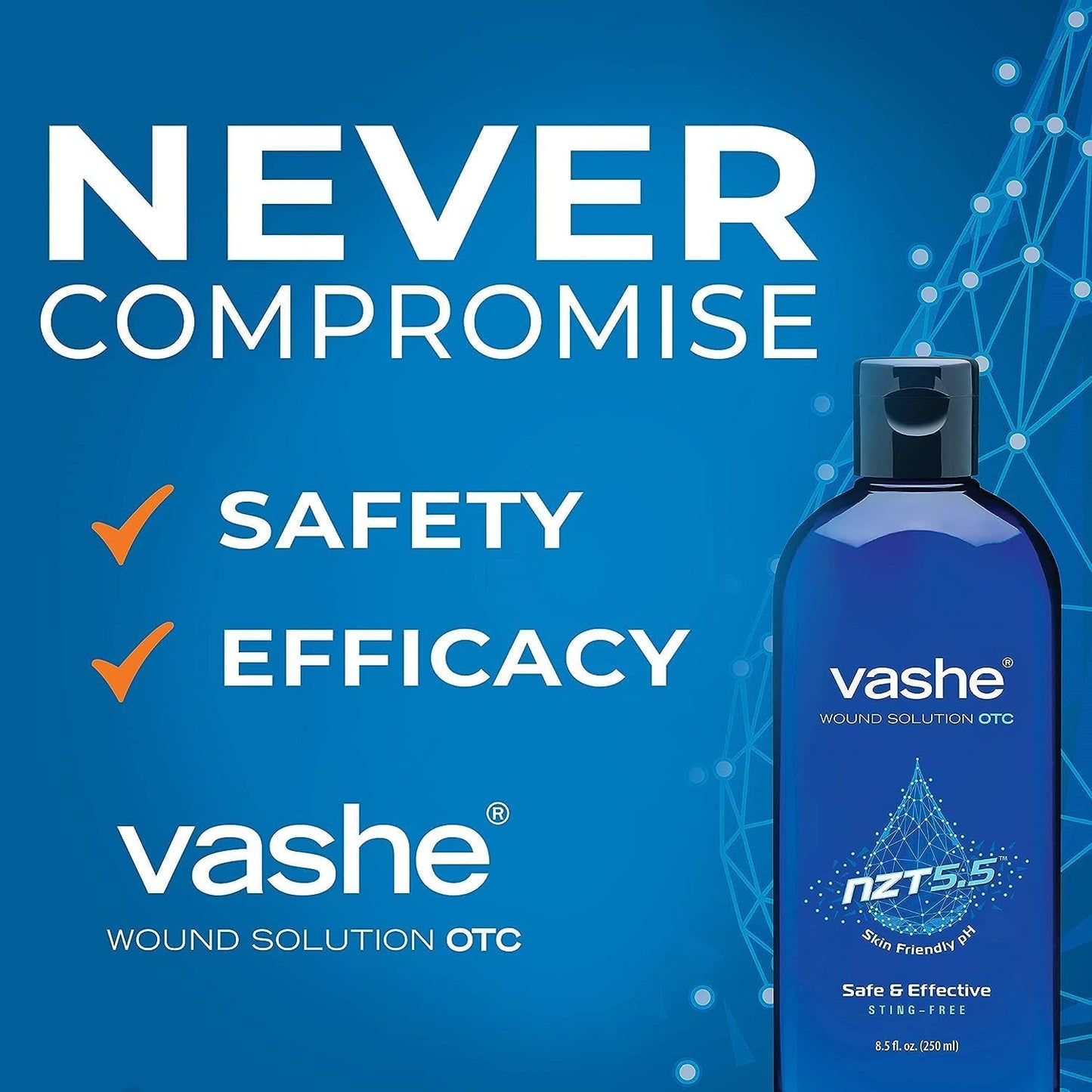 Vashe wound solution OTC bottle, 8.5 fl oz (250 mL), safety/efficacy promo