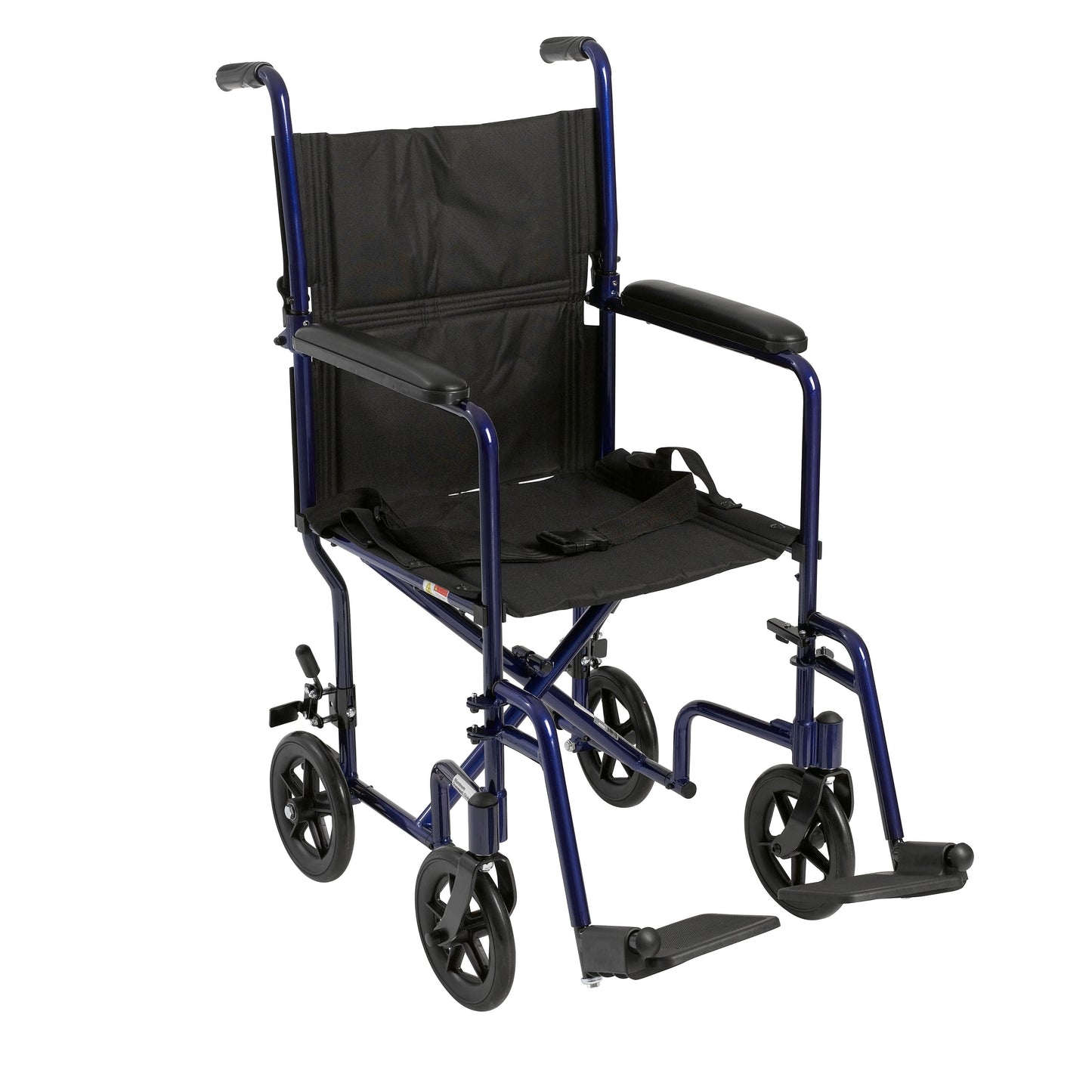 Blue transport wheelchair with black padded seat, backrest, and armrests