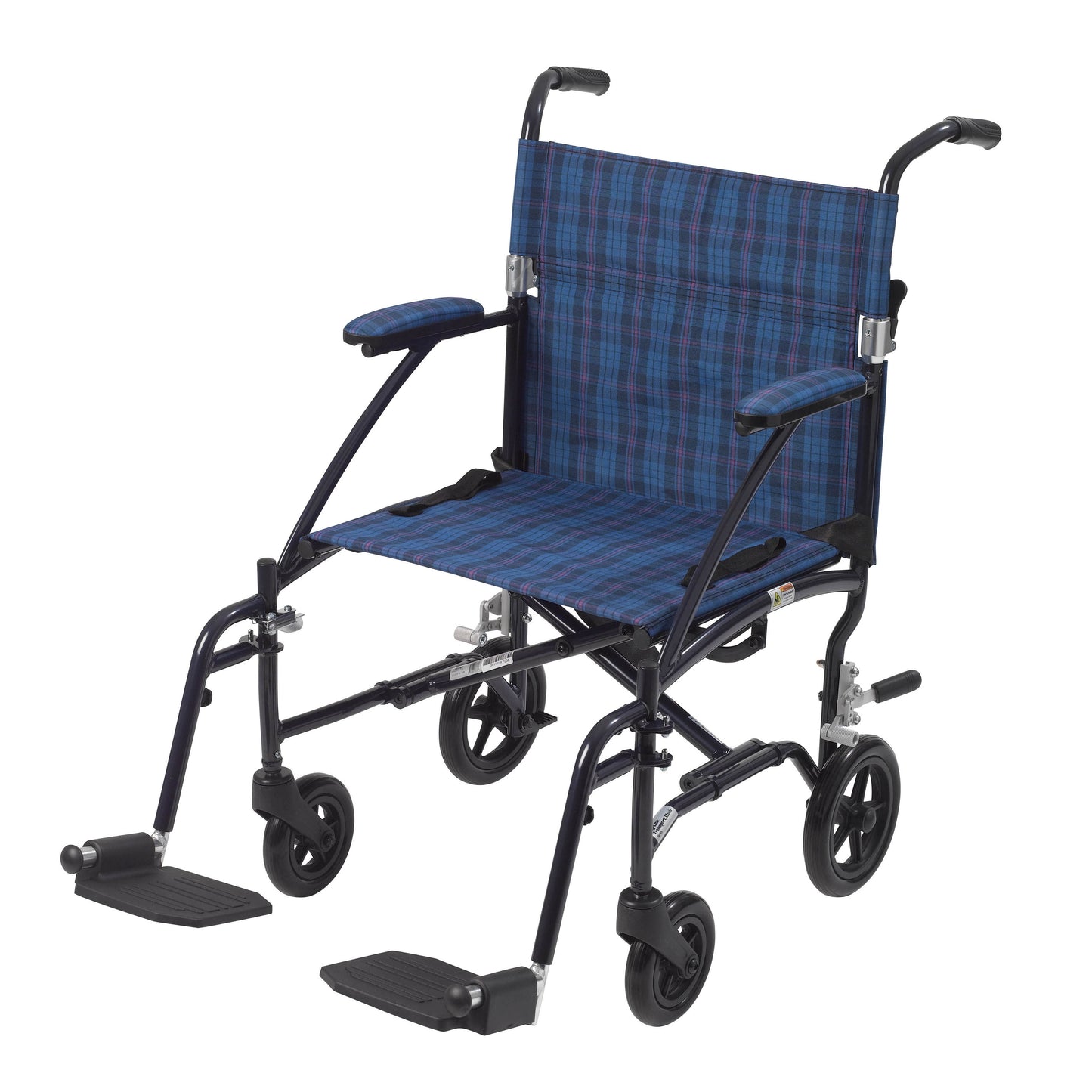 Blue folding transport wheelchair with padded seat, armrests, and swing-away footrests