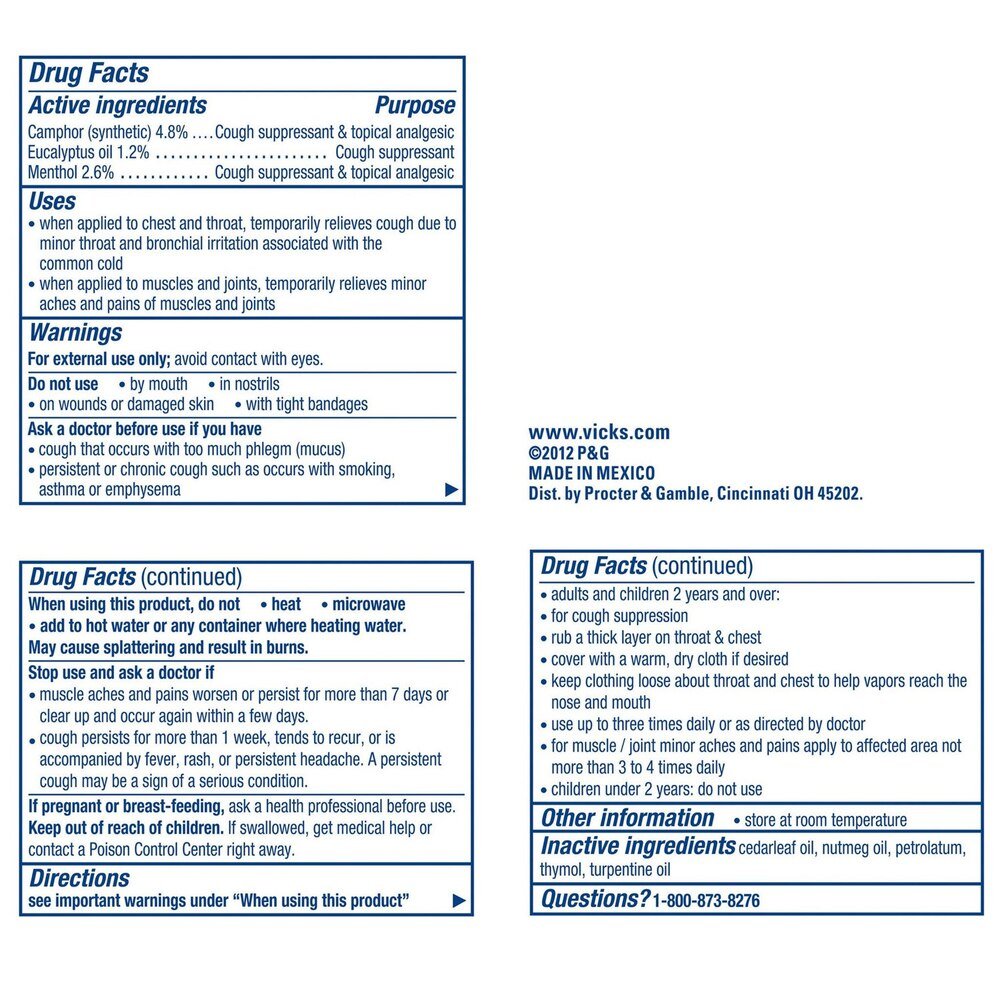 VapoRub Drug Facts panel listing active ingredients, uses, and warnings