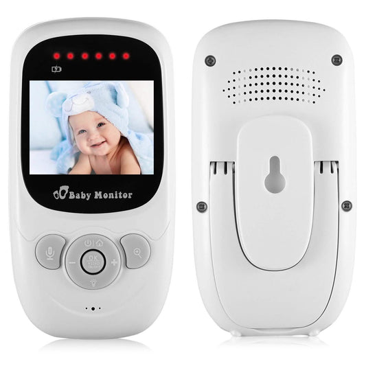 White video baby monitor rear unit with speaker grille and wall-stand base