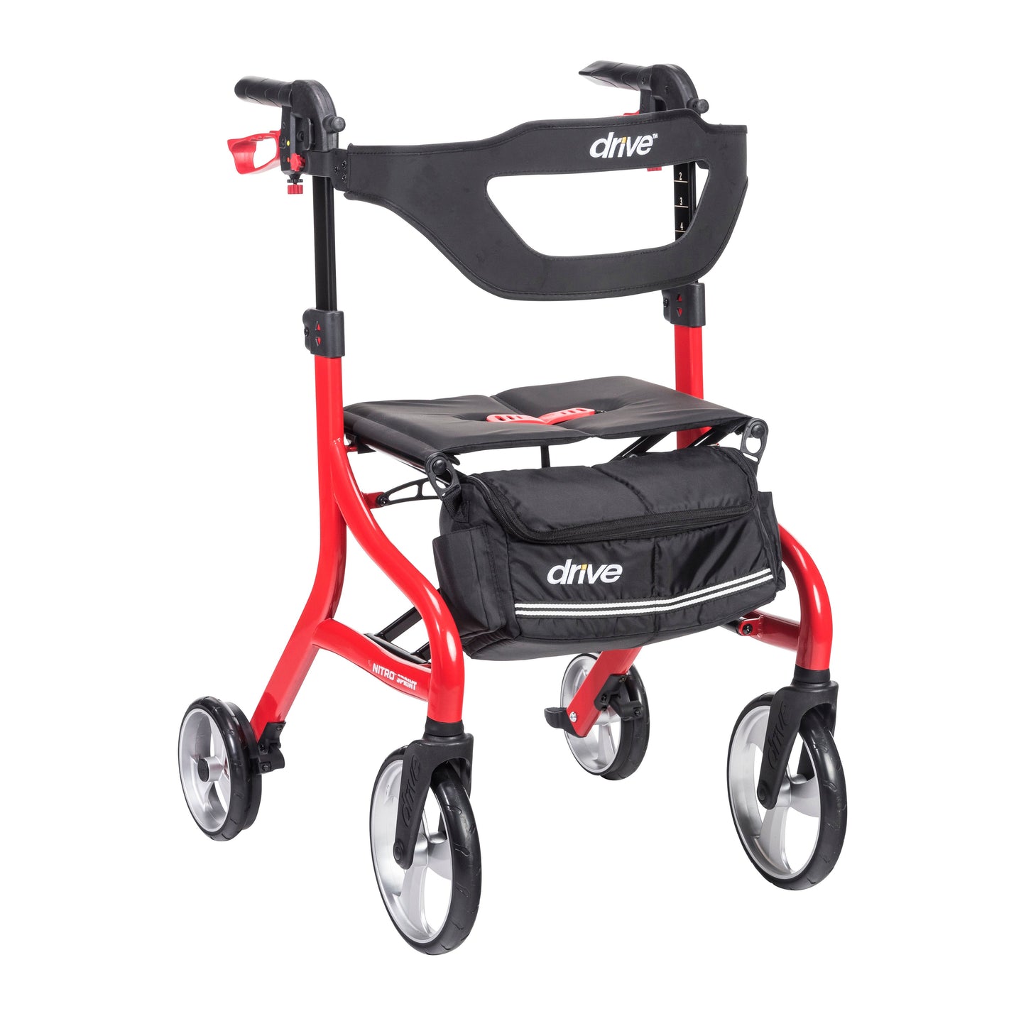 Tall red rolling walker with black seat, storage bag, and four swivel wheels