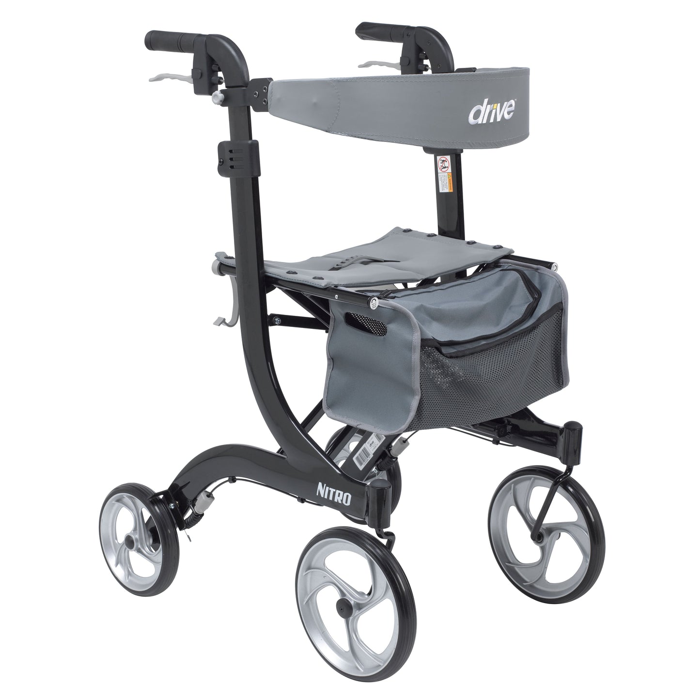 Tall black rollator walker with 4 wheels, seat, and front pouch bag