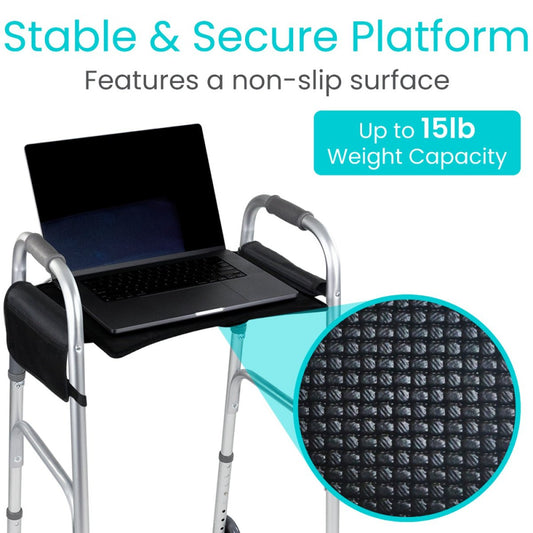 Walker tray attachment with black non-slip surface and built-in mesh cup holder