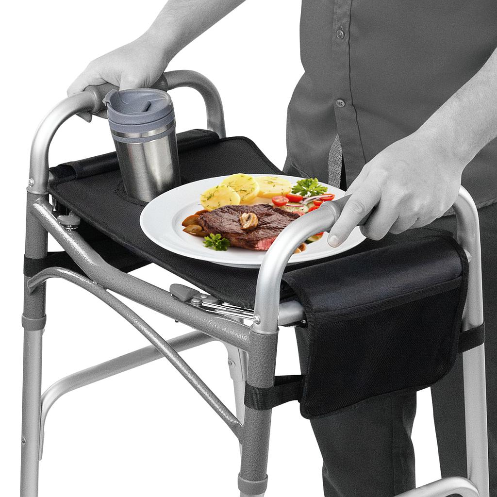 Black walker tray with cup holder and side pocket holding a plate on the walker