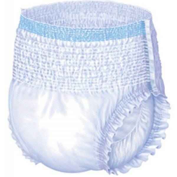 White disposable absorbent underwear briefs with light blue elastic waistband