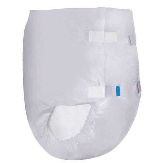 White disposable adult brief with absorbent pad and blue strip