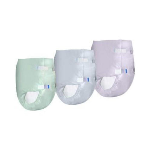 Set of adult briefs, three colors: light green, white, and pale lavender