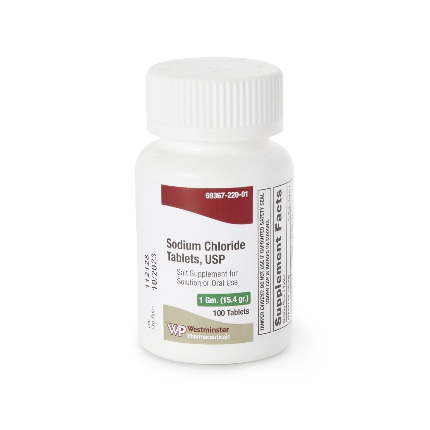 Sodium chloride tablets USP bottle, 1 g tablets, white cap, label shows 100 tablets