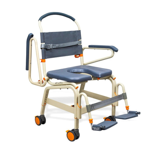 Wide roll-in shower chair side view, dark blue seat with opening, back strap, and wheels