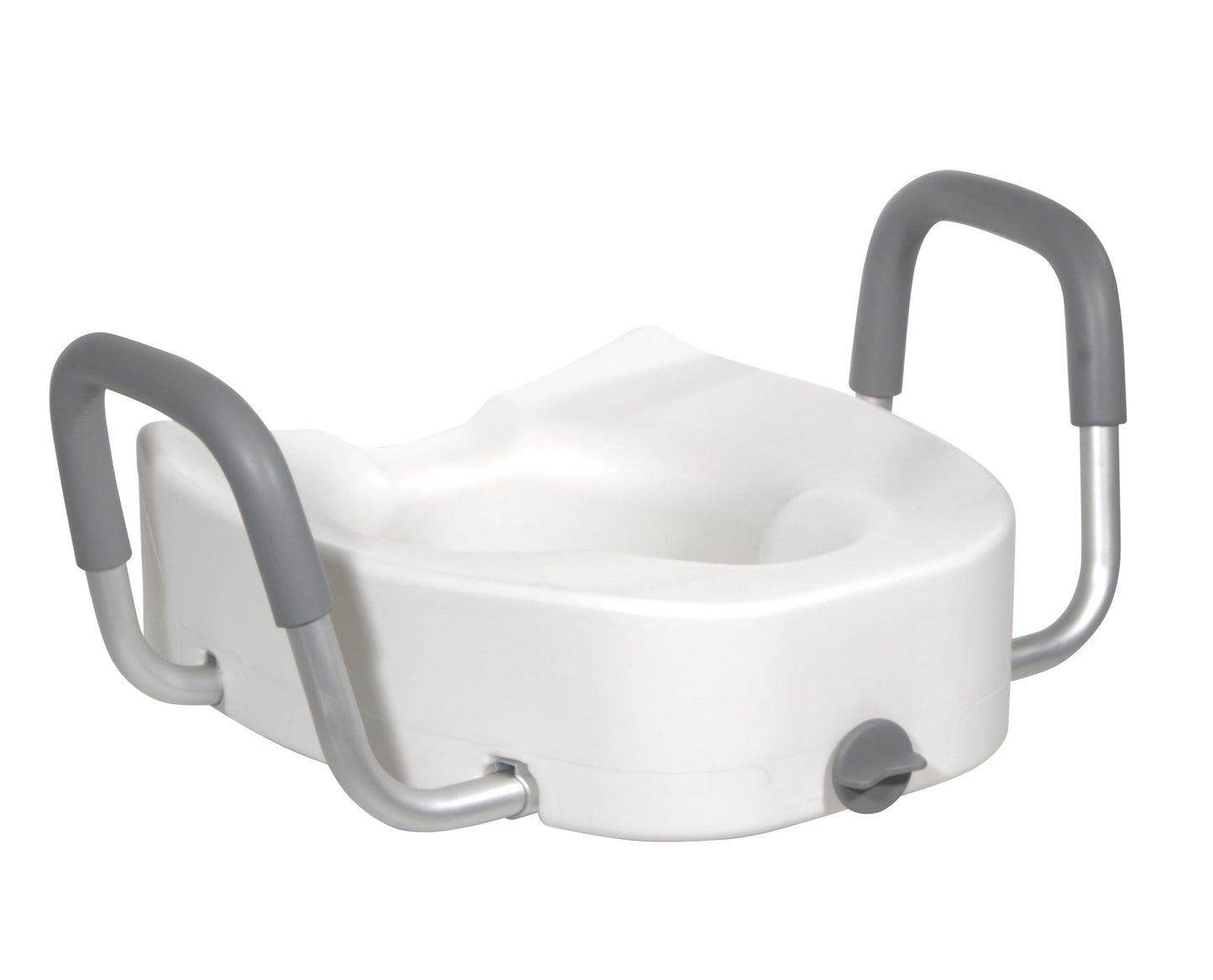 Elongated raised toilet seat in white plastic with padded grey armrests and locking mechanism