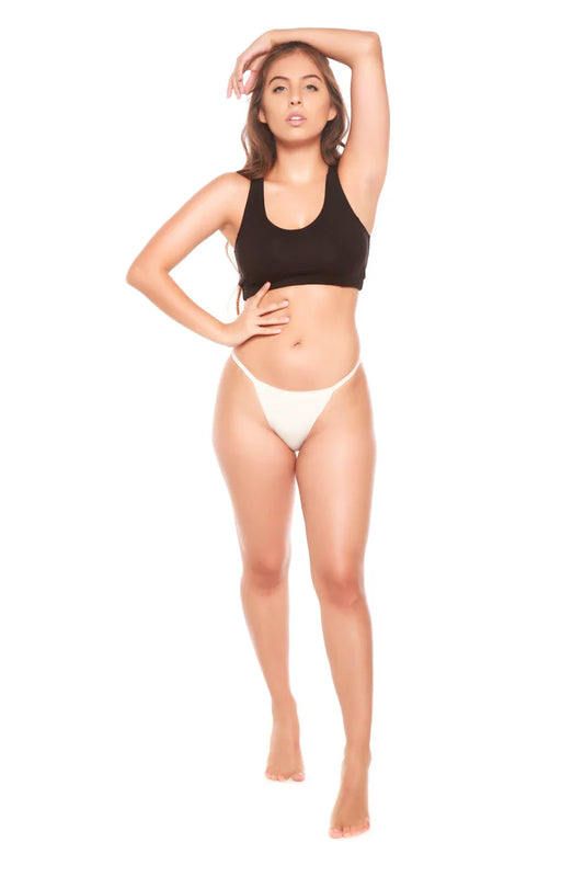 Bikini style underwear briefs in natural white, worn