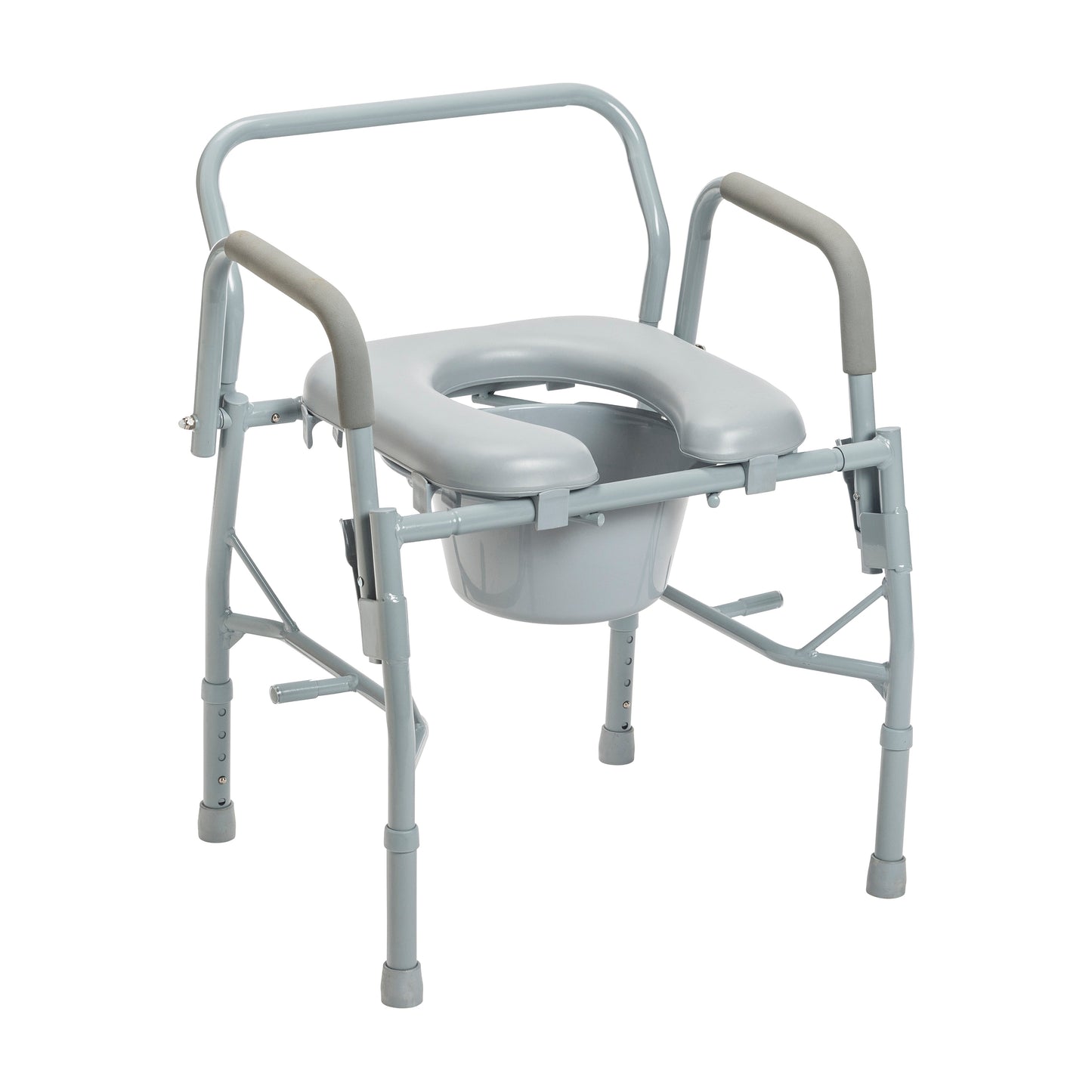 Steel bedside commode with padded seat and drop arms, light gray frame