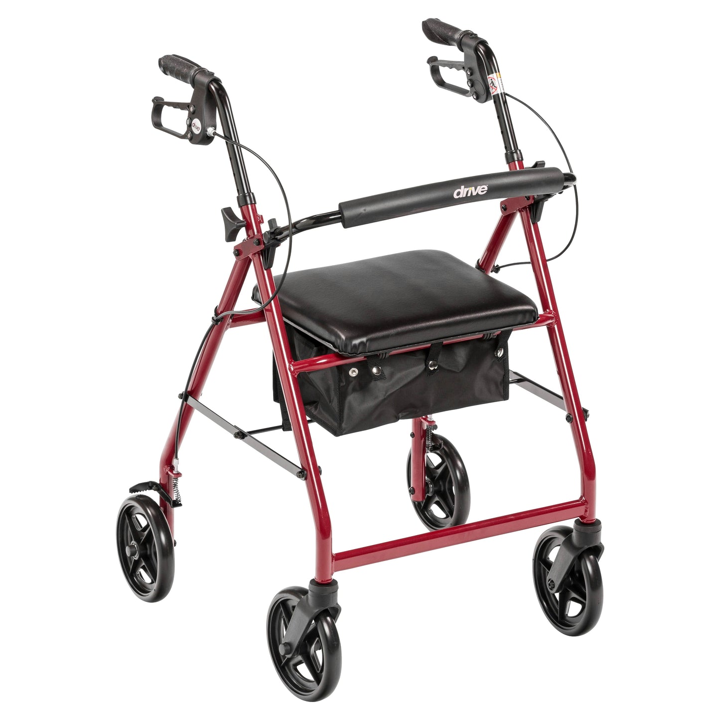 Red rollator rolling walker with padded seat and removable back support
