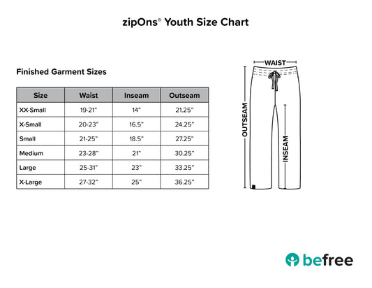 zipOns Youth Size Chart with measurements for waist, inseam, and outseam on a white background.
