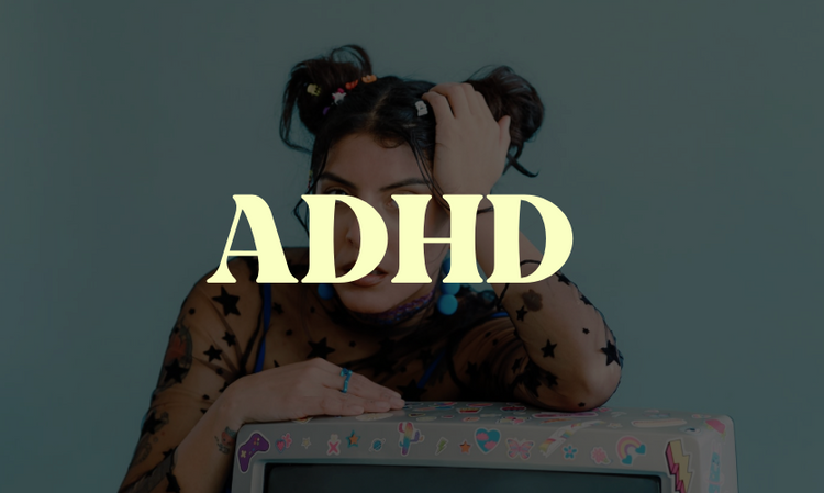 Word ADHD over a photo of a girl with bun pigtails leaning on a computer