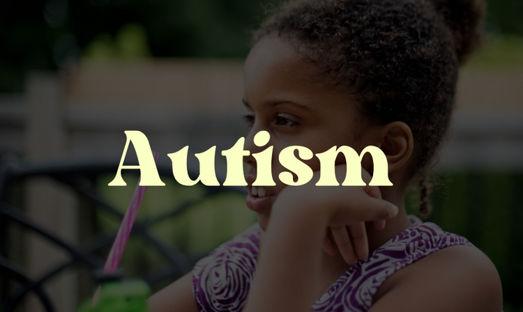 Word Autism over a photo of a girl looking into the distance