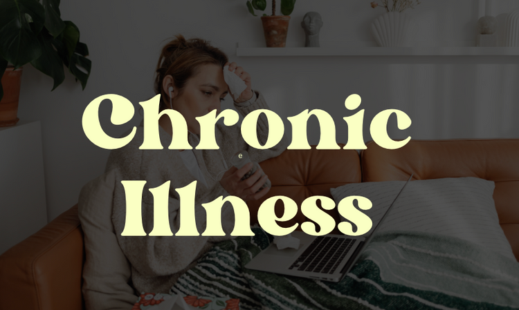 Words Chronic Illness on top of a photo of a woman sitting on her couch with her laptop