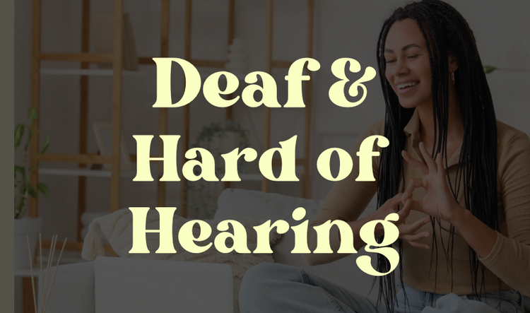 Words Deaf & Hard of Hearing on top of a photo of a woman using ASL