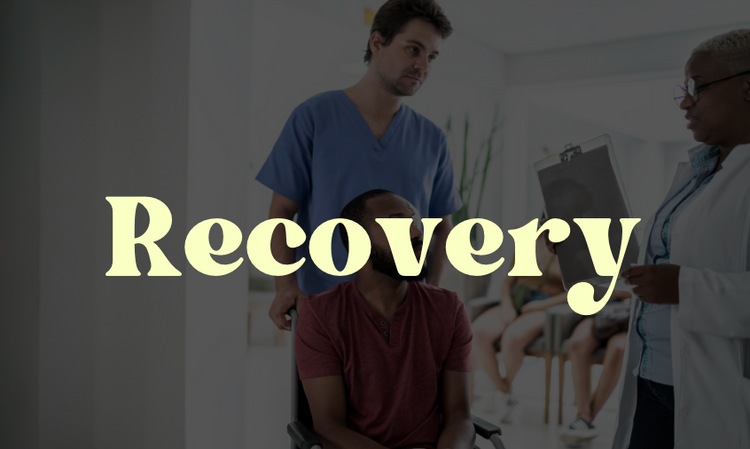 Word Recovery on top of an image of a male nurse pushing a male patient in a wheelchair talking to a female doctor