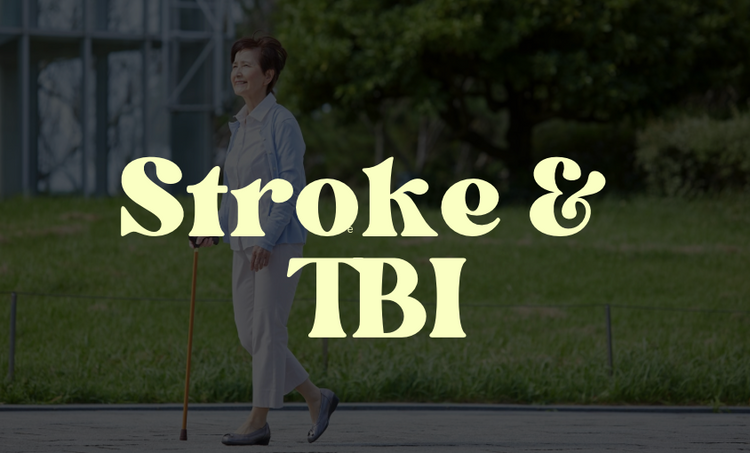Word Stroke and TBI over a photo of woman walking with a mobility cane