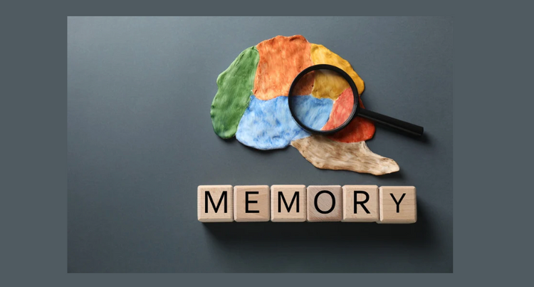 Word "memory" with a sculpture of a brain and a magnifying glass looking at it