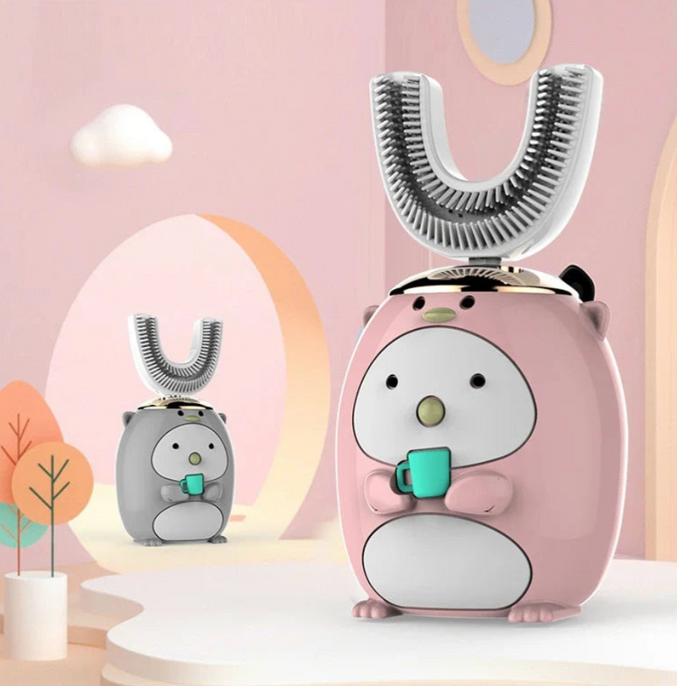 U-shaped electric toothbrush with a pink penguin handle