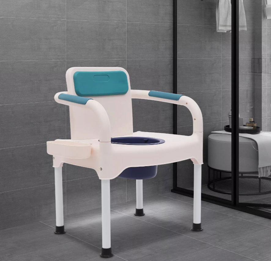 Blue and white commode chair in a grey bathroom