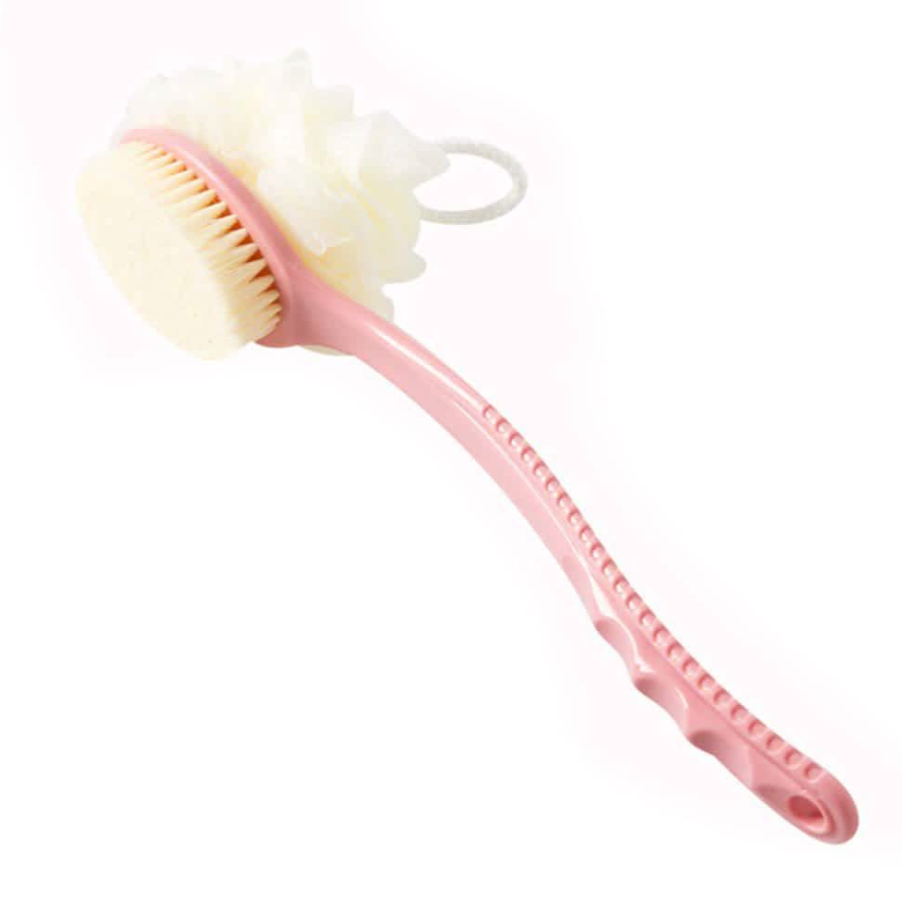 Pink long handled brush with beige bristles on a white background