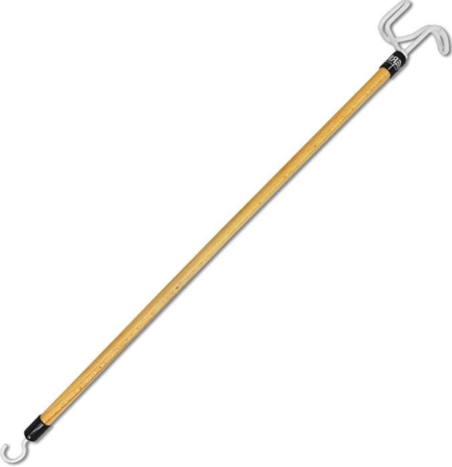 Wood dressing stick with white hook ends and black grip, for pulling zippers and fabrics