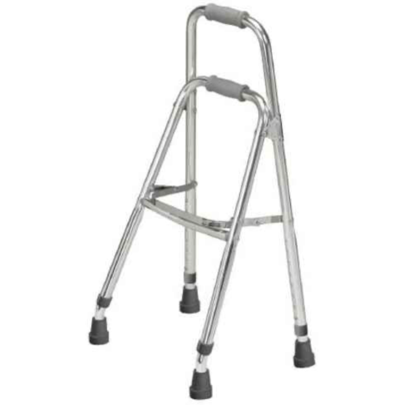 Hemi side-step folding walker with gray frame, padded hand grips, and step platform