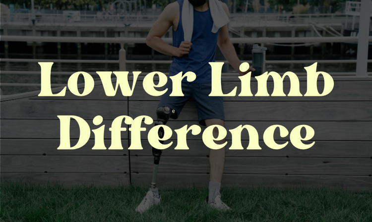 Words Lower Limb Difference on top of an image of a man with a prosthetic leg