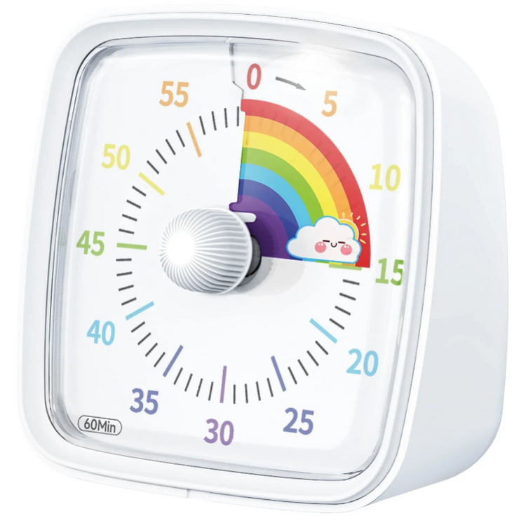 Colorful timer with rainbow and cloud design on a white background