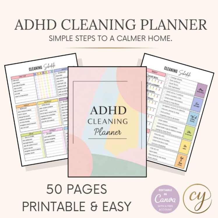 ADHD Cleaning Planner with printable pages on a white background