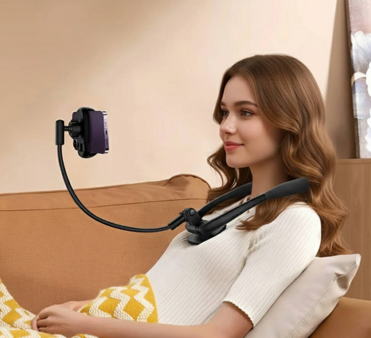 Woman wearing a hands free phone holder around her neck