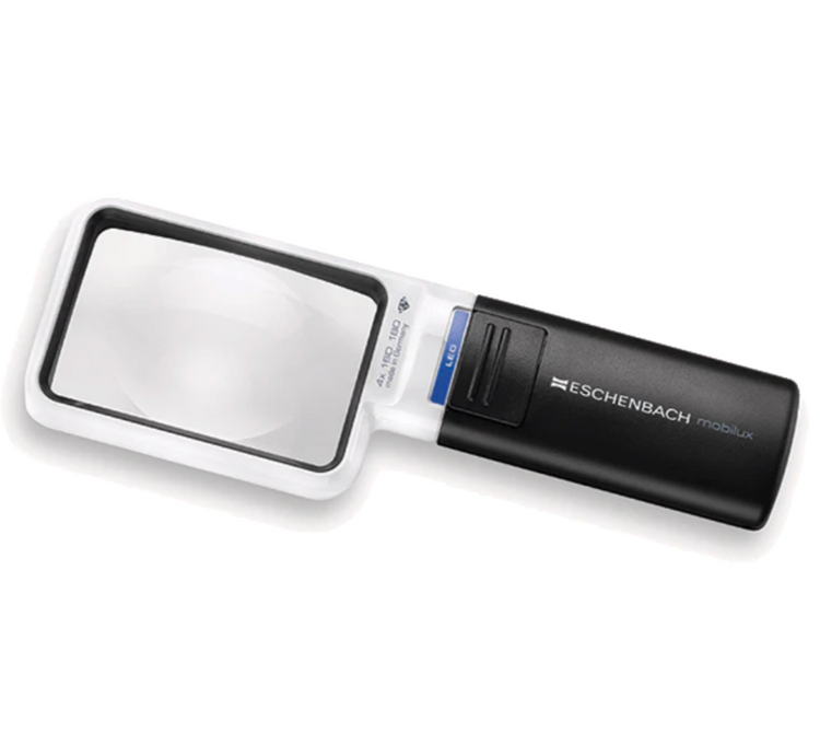 Handheld magnifier with large lens, side control slider, white and black body