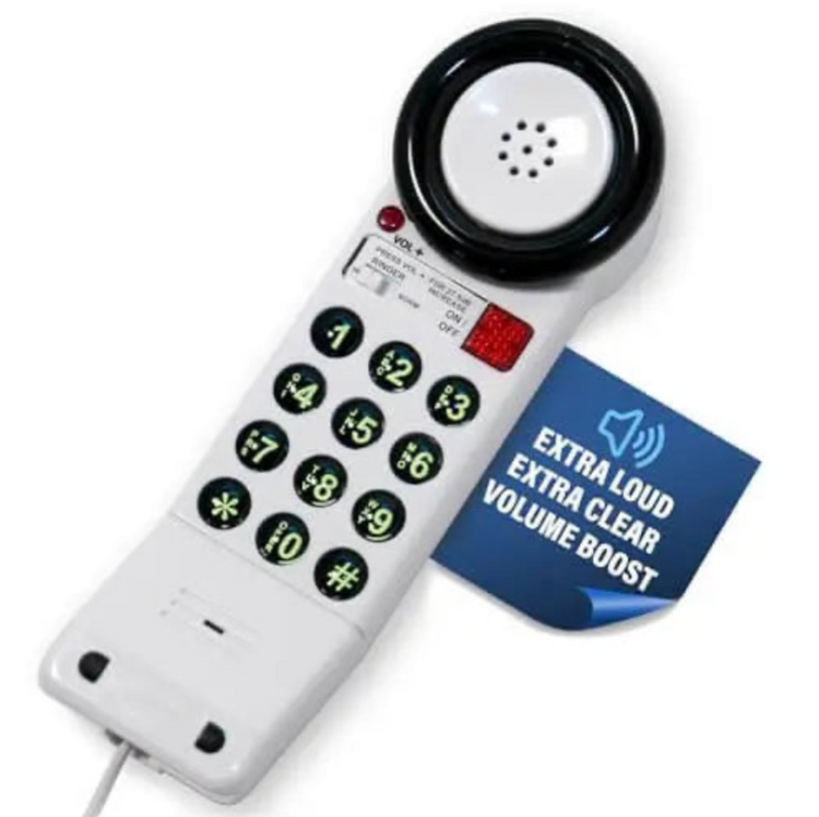 White telephone with large buttons and a speaker, featuring an 'Extra Loud Volume Boost' label.