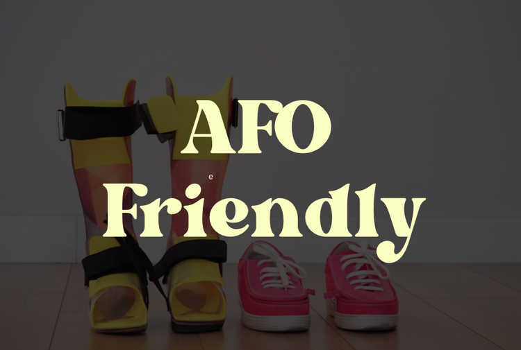 Words AFO friendly over a background of AFOs next to pink shoes
