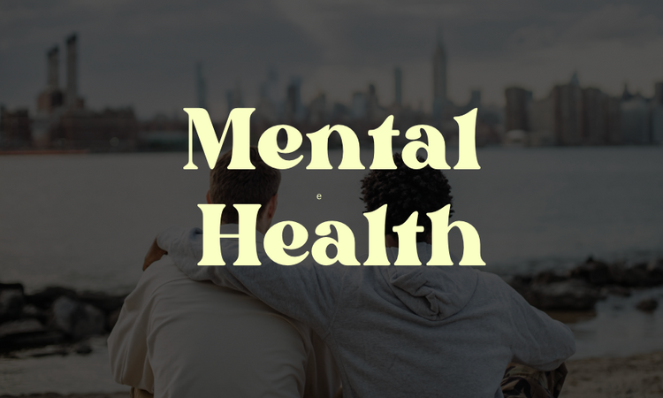 Image of two men looking across water at a skyline with the words "Mental Health" over the photo