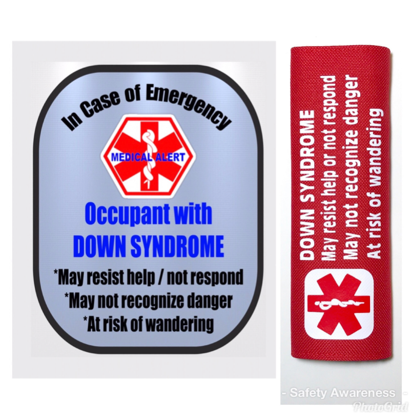 Red car seat strap cover with medical alert symbol and Down syndrome message
