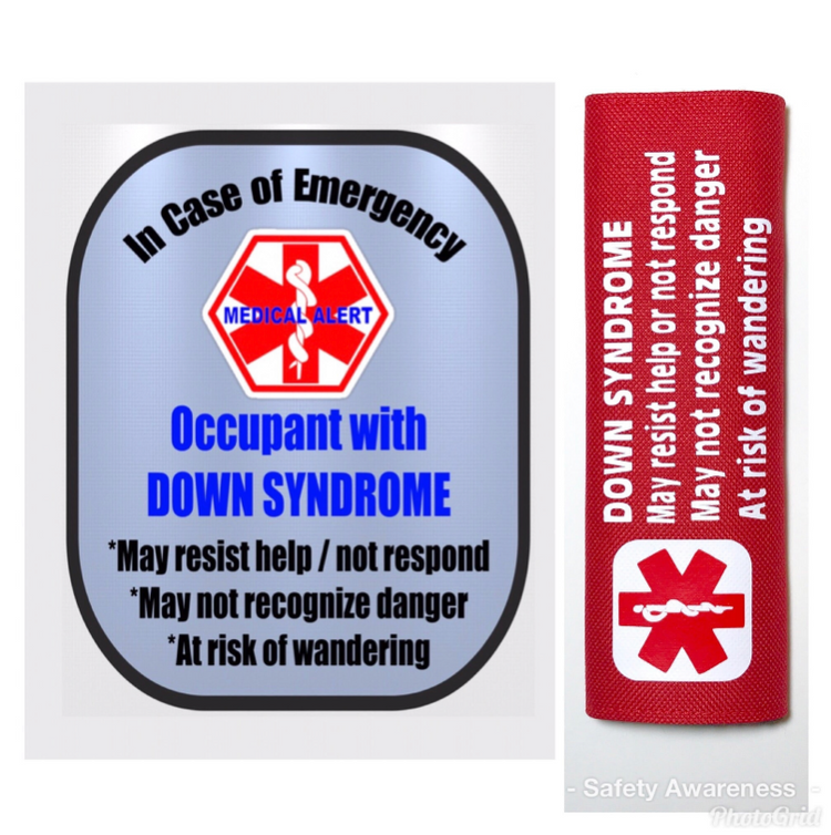 Red car seat strap cover with medical alert symbol and Down syndrome message