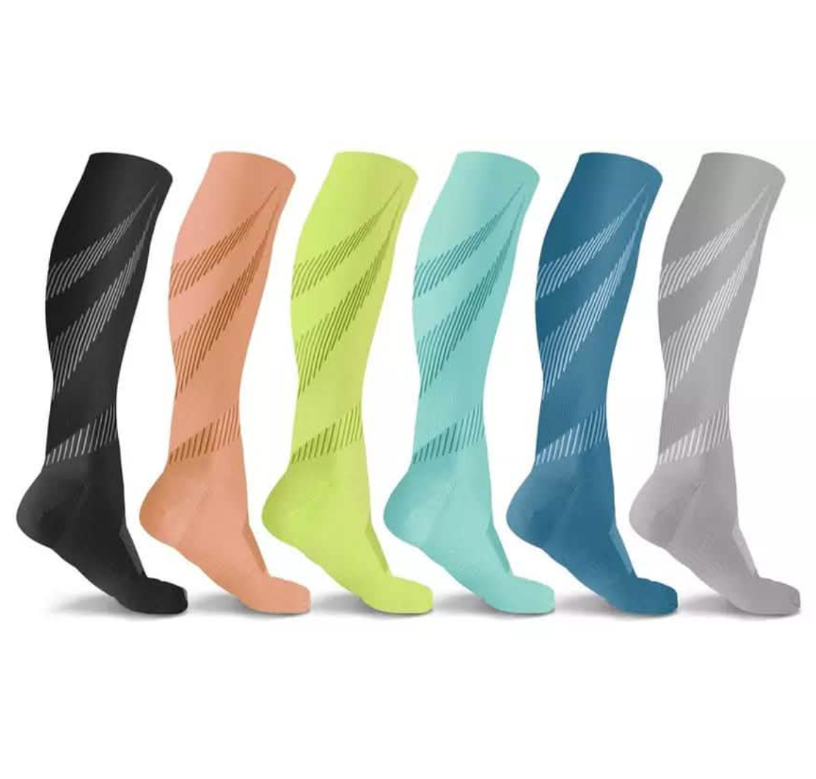 compression socks black, peach, lime, aqua, blue grey