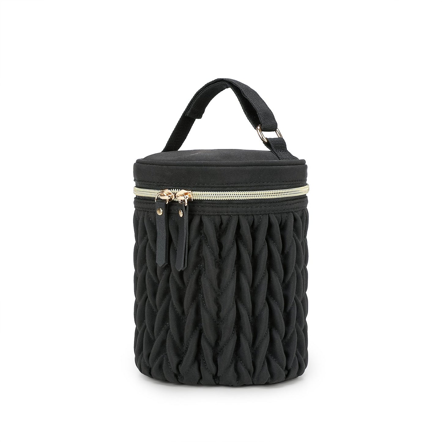 Black insulated baby bottle bag with carry handle and gold-tone zipper, ruched texture