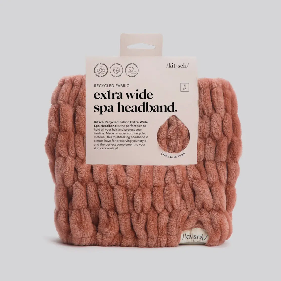 Extra wide spa headband, dusty rose terry with rolled texture, on package